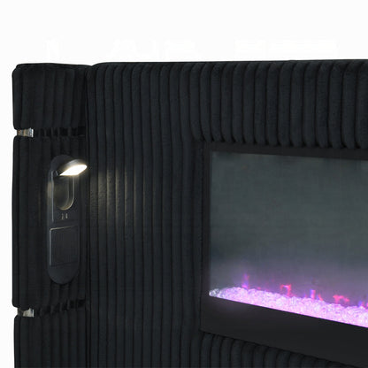 Obsidian Smart Platform Bed with LED/ Fireplace/Reading Light/Speaker/Bluetooth/USB - Black