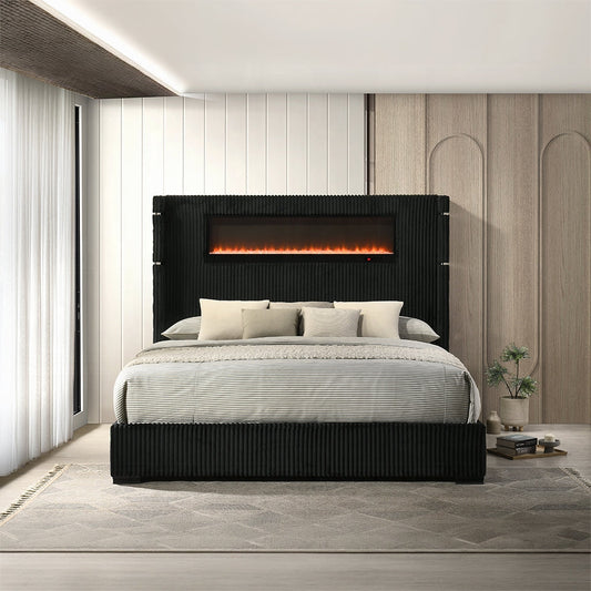 Obsidian Smart Platform Bed with LED/ Fireplace/Reading Light/Speaker/Bluetooth/USB - Black