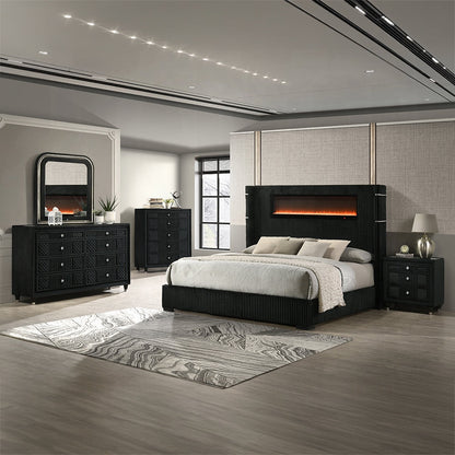 Obsidian Smart Platform Bed with LED/ Fireplace/Reading Light/Speaker/Bluetooth/USB - Black