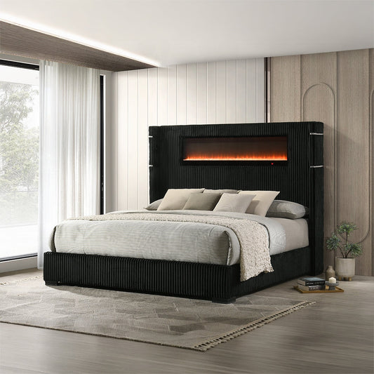Obsidian Smart Platform Bed with LED/ Fireplace/Reading Light/Speaker/Bluetooth/USB - Black