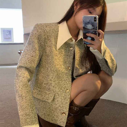 Women's Trendy Vintage Tweed Button-Up Long-Sleeve Top