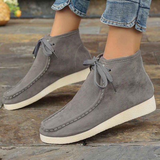 Women's Hidden Heel Ankle Boots – Stitched Detail Lace-Up Suede Fashion Shoes
