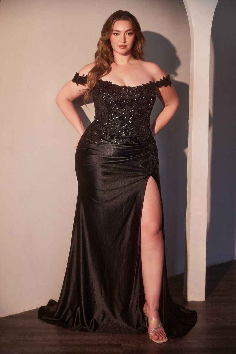 SATIN CURVE DRESS with OFF THE SHOULDER LACE
