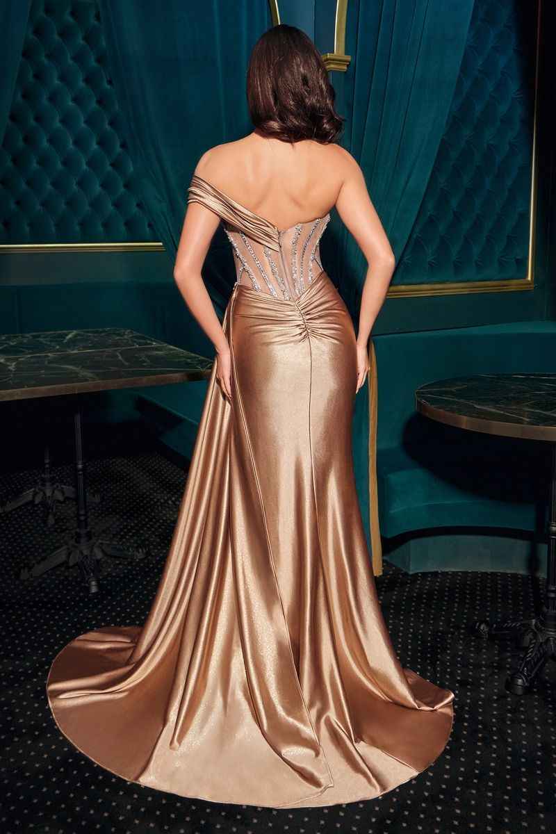 One off-the-shoulder sweetheart and Satin stretch