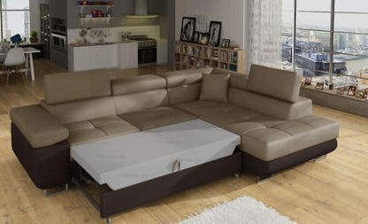 Anton Two-Tone Storage Sleeper Sectional Sofa - Beige/Dark Brown