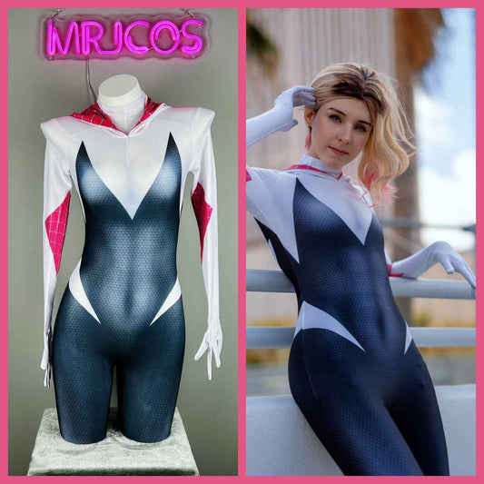 Super Hero Spider Gwen Cosplay Full Bodysuit Halloween Costume Zentai