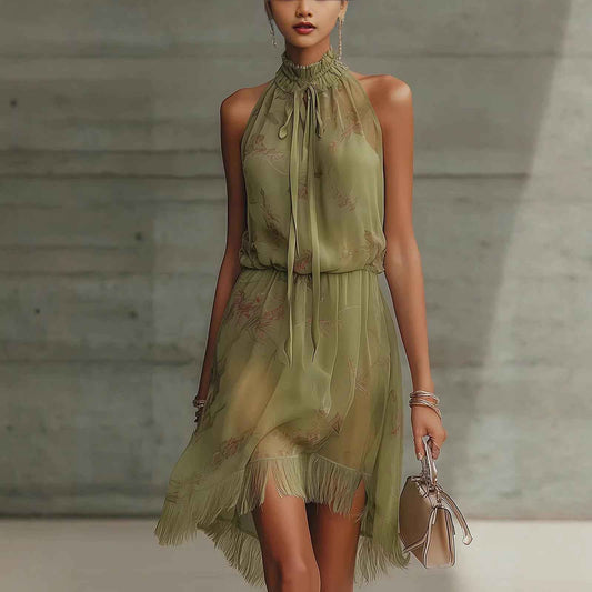 V-neck Waist Trimming Ruffles Elegant Dress