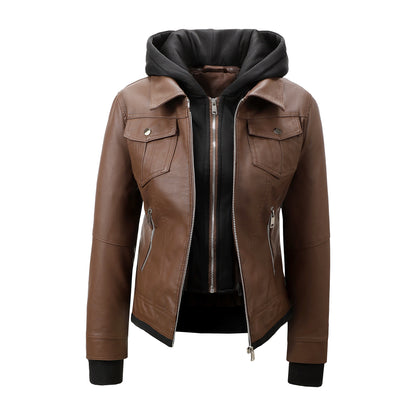 Women’s Faux Leather Biker Jacket with Detachable Hood – Slim-Fit Waist-Cinching Motorcycle Coat