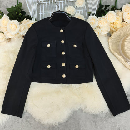 Women’s Wool Blend Short Jacket – Round Neck Solid Color Casual Lightweight Coat