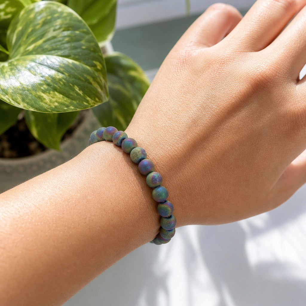 Agate Druzy Electroplated Rainbow Round Bracelet - 8mm (Enhanced)