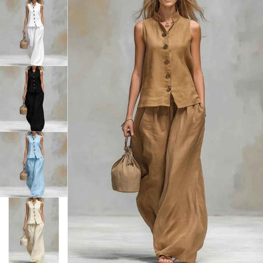 Casual Two-Piece Stand Collar Sleeveless Vest And Matching Pants Set - Summer Women Vest & Pan Two Piece Outfit