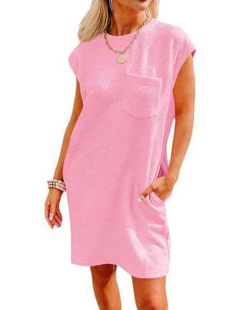 Summer Round-Neck Short-Sleeve Dress with Pockets – Casual Loose A-Line Sports Dress for Women