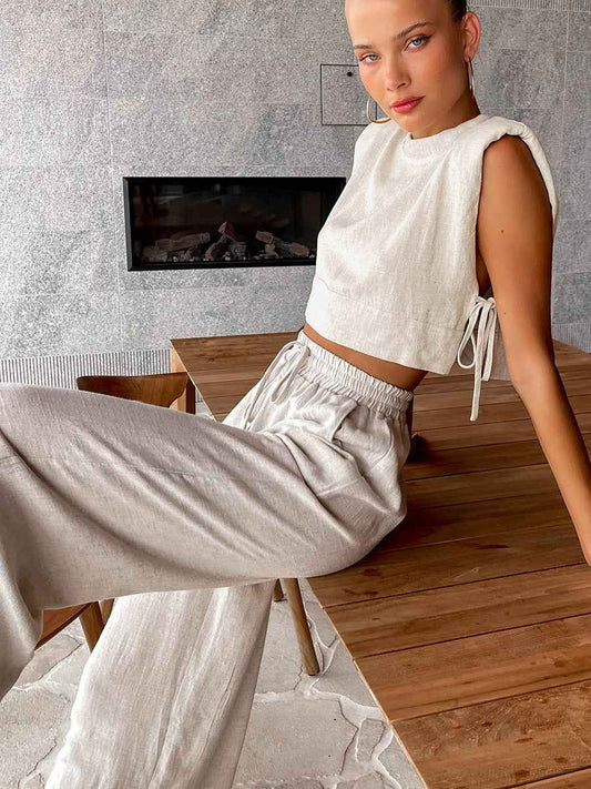 Women's Cotton Linen Two Piece Set – Sleeveless Blouse and Wide Leg Trousers Outfit