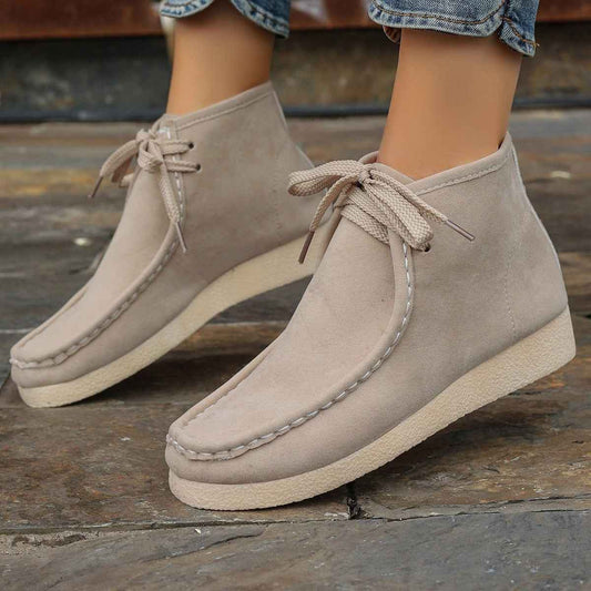 Women's Hidden Heel Ankle Boots – Stitched Detail Lace-Up Suede Fashion Shoes