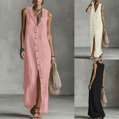 Women's Hooded Sleeveless Button-Down Split Maxi Dress – Casual Vacation Long Dress for Spring & Summer