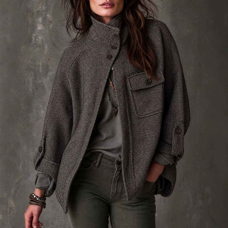 Women’s Vintage Oversized Herringbone Wool Coat – Long Relaxed-Fit Winter Outerwear Jacket