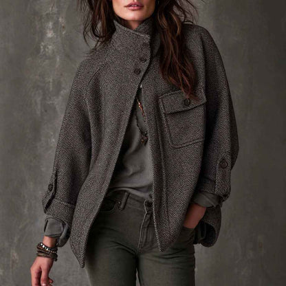 Women’s Vintage Oversized Herringbone Wool Coat – Long Relaxed-Fit Winter Outerwear Jacket
