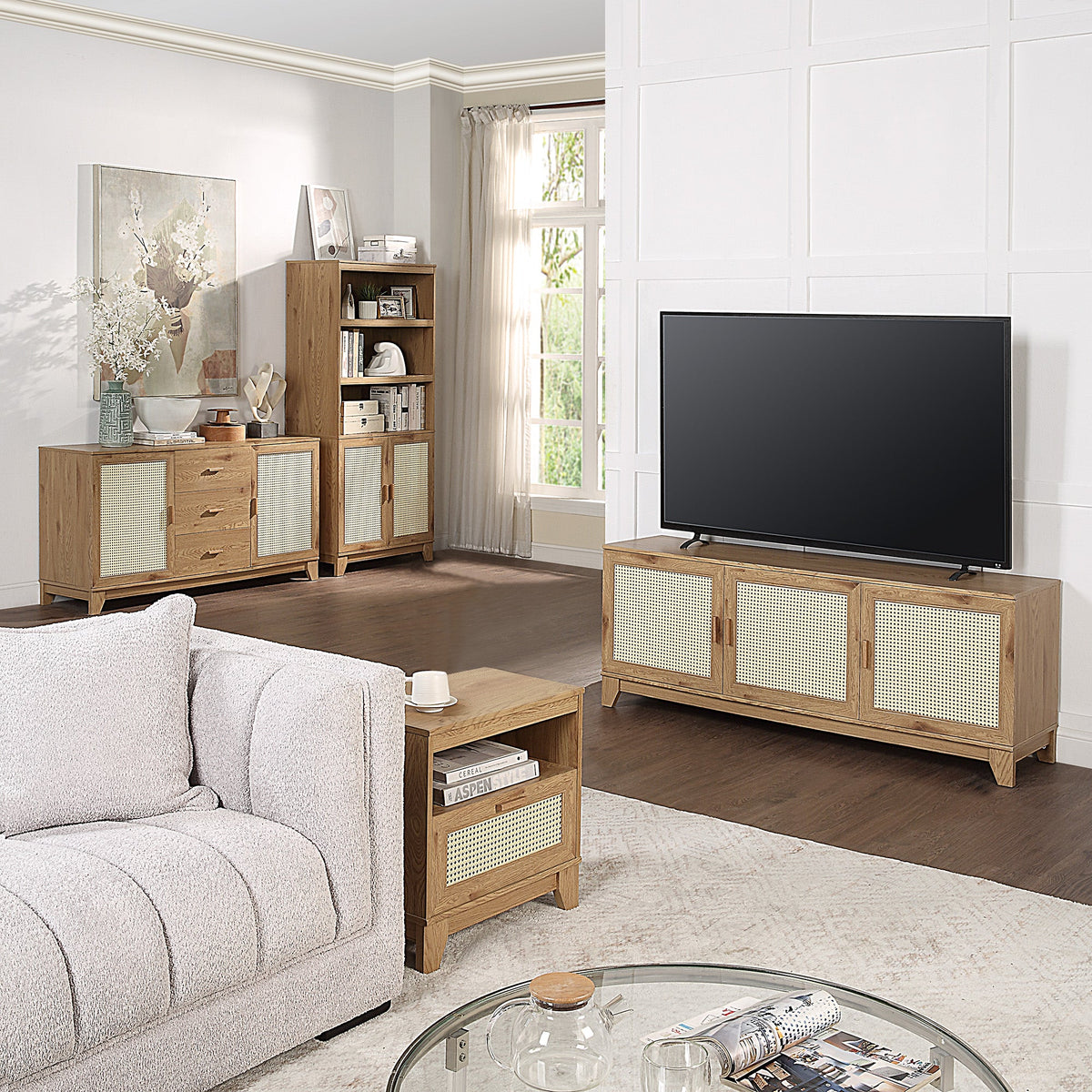Drift 63" Faux Cane Storage TV Stand - Multiple Color Options