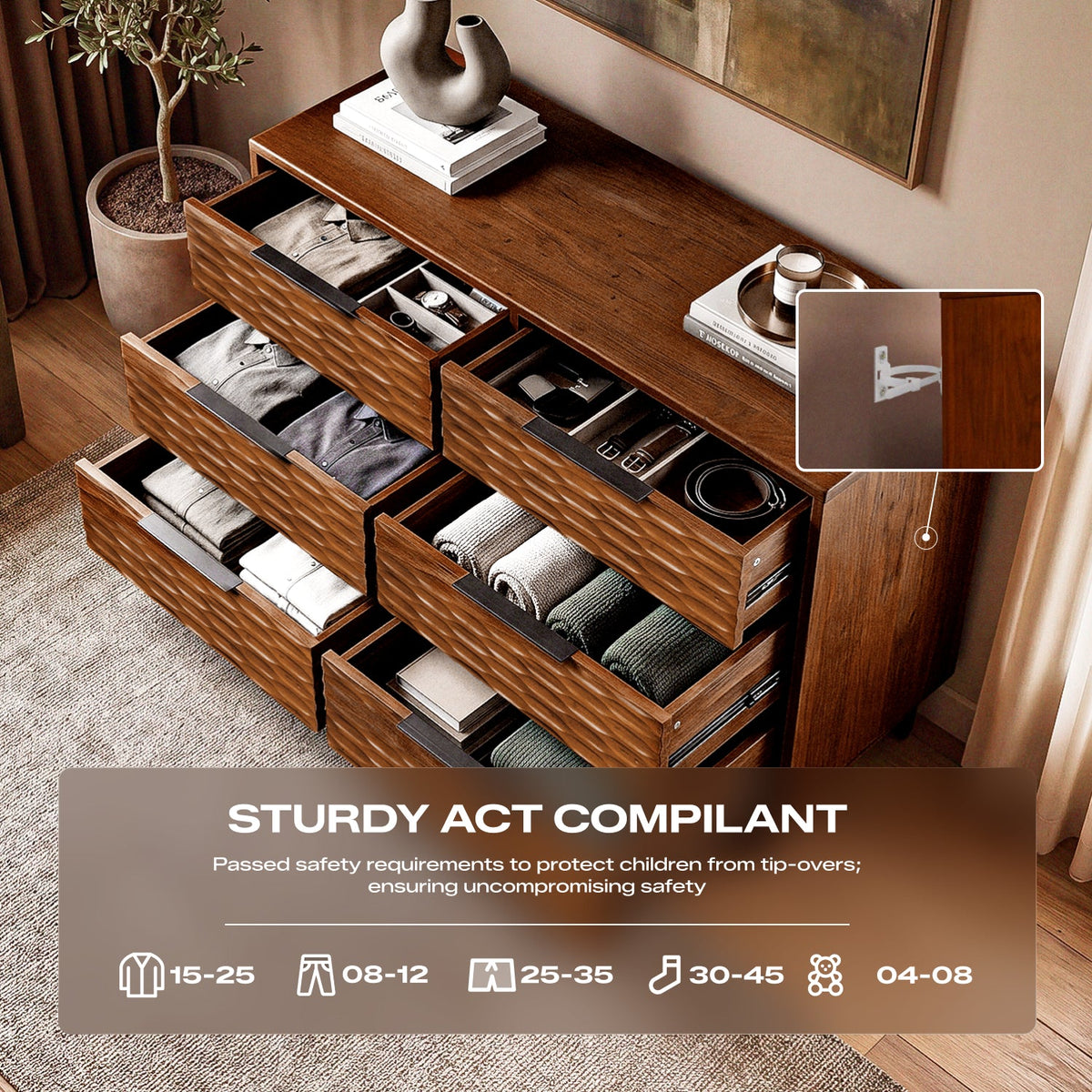Elara Solid Wood Dresser with 6 Drawers