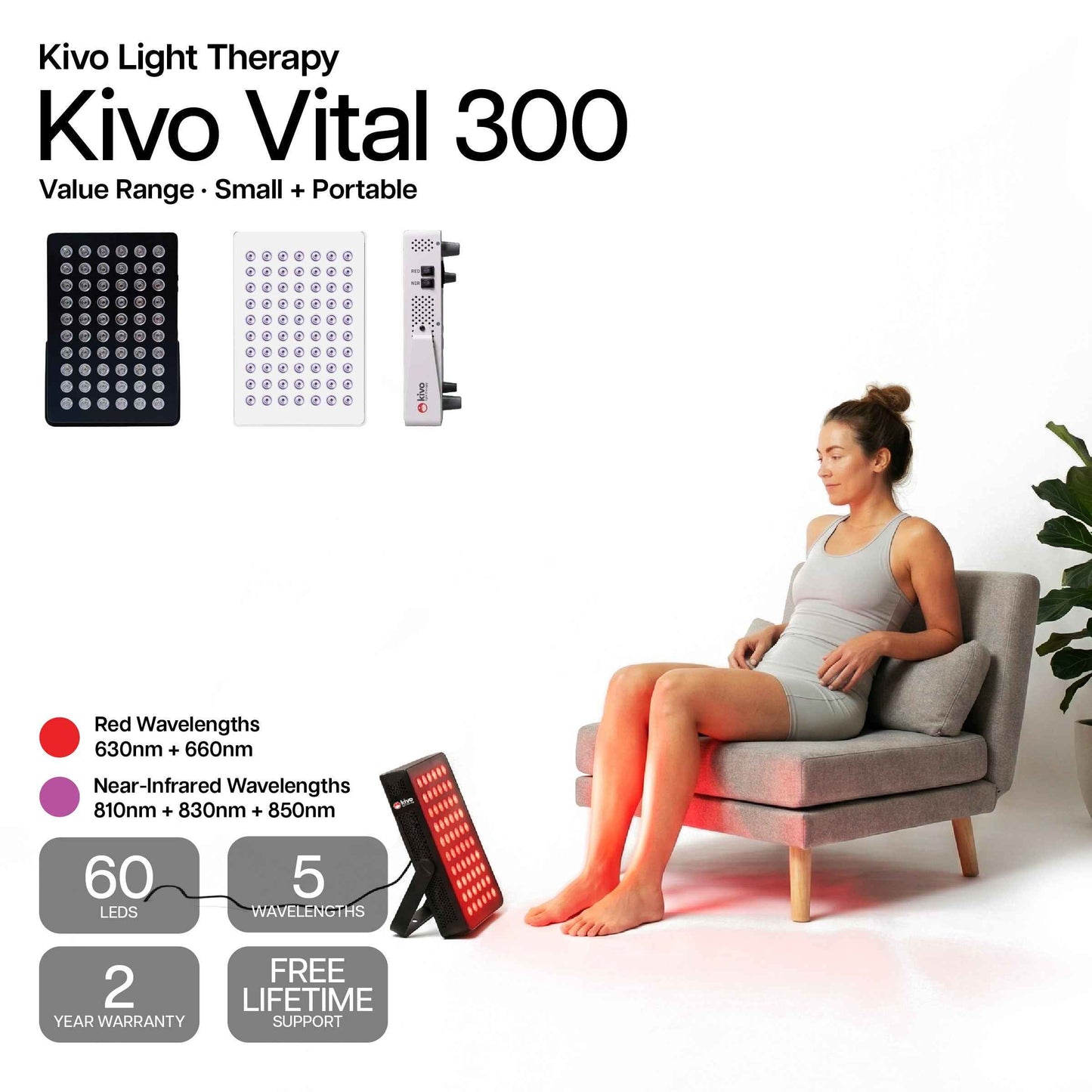 Kivo Vital 300: Portable Small Red Light Therapy Panel + Integrated Stand