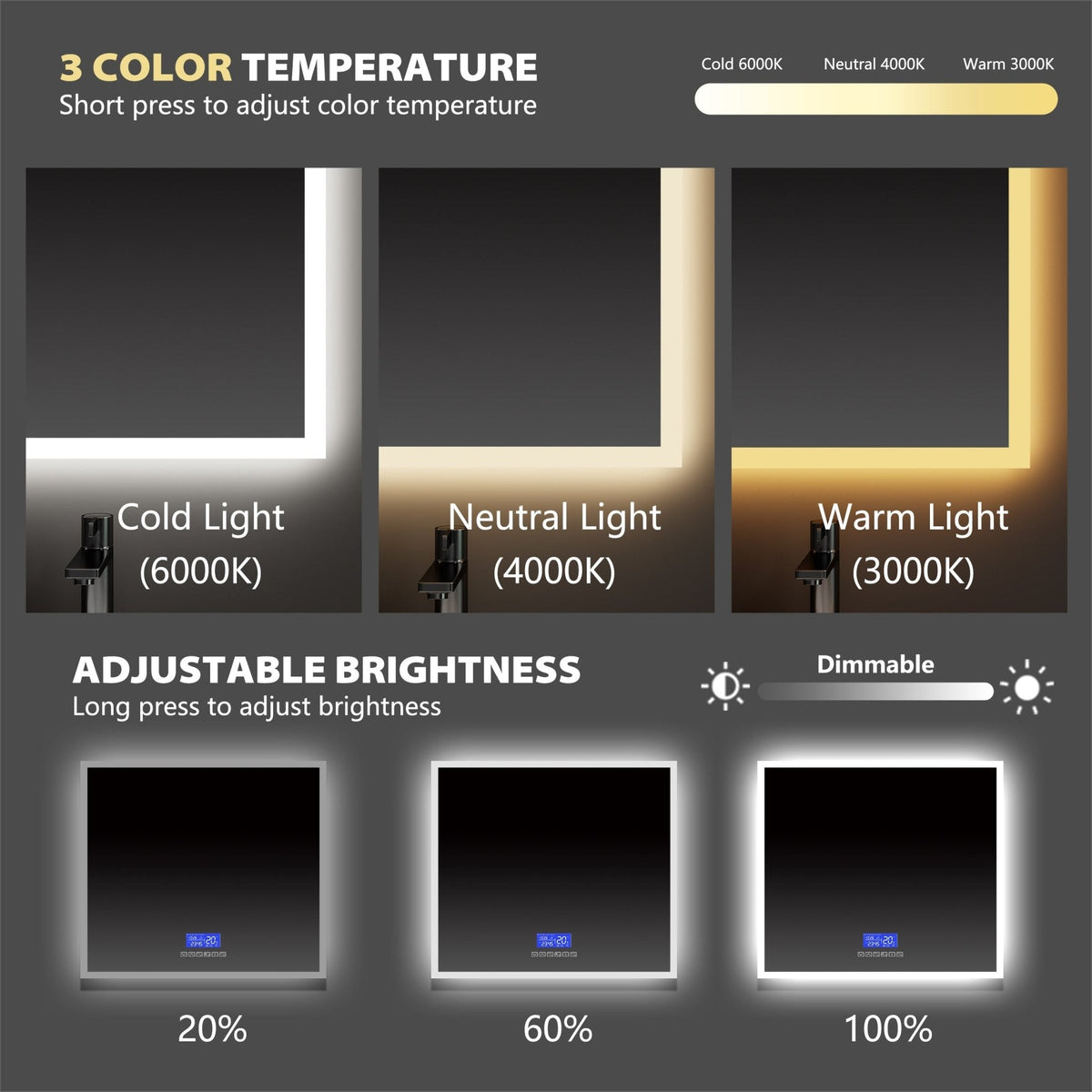 LED Bluetooth Bathroom Mirror with Speaker, Anti-Fog, Dimmable – 24" / 30" / 36" / 42" / 60" x 32"