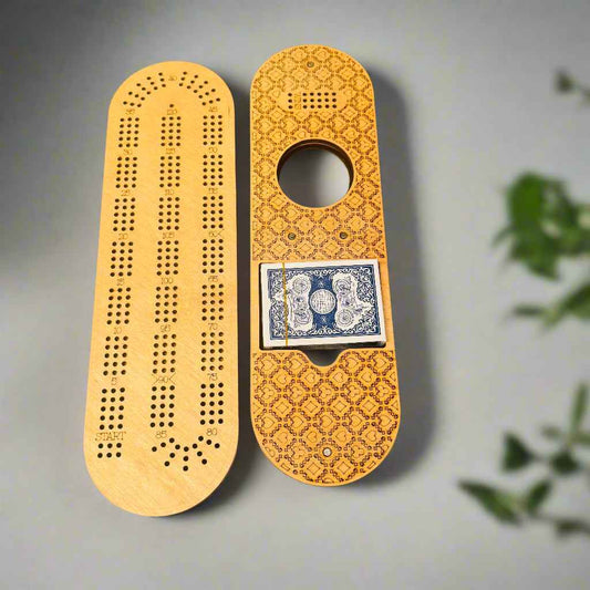 Oblong Cribbage Board with Removable Lid – 3 Player with Scoring Panel (15” x 4”)