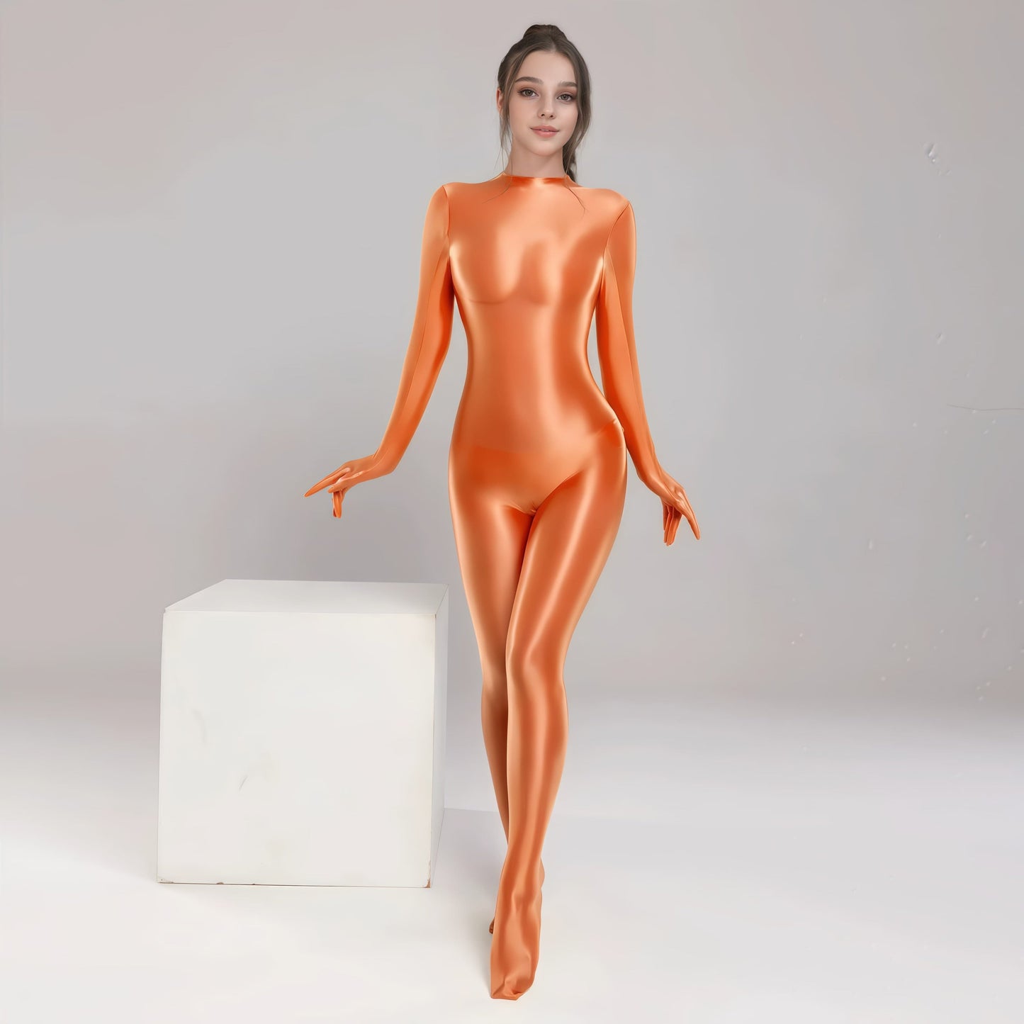 Spandex Nylon Full Bodysuit Zentai Shinny Cosplay Jumpsuit Attached Gloves