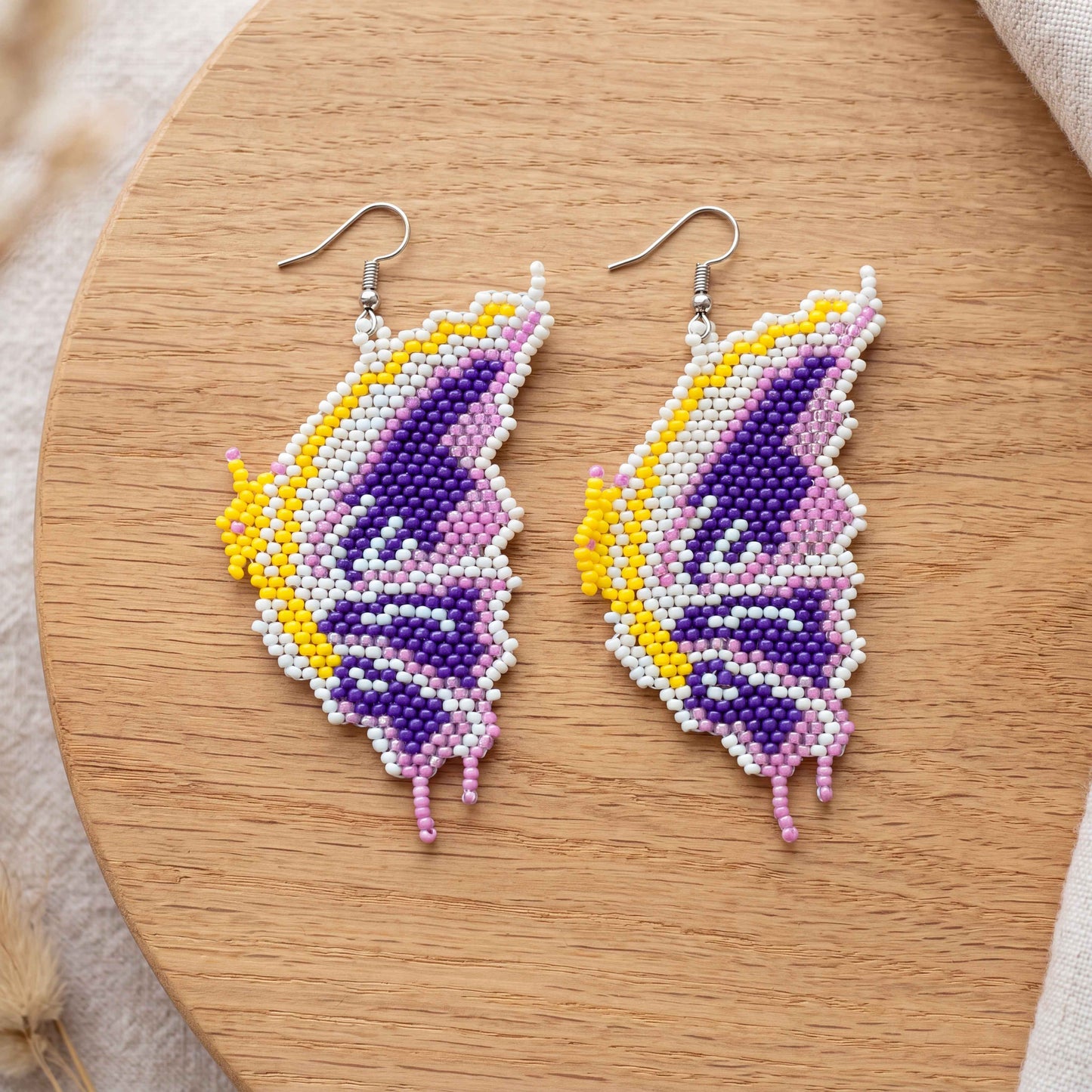 Butterfly Wing Beaded Dangle Earrings — Purple, Gold & Pink