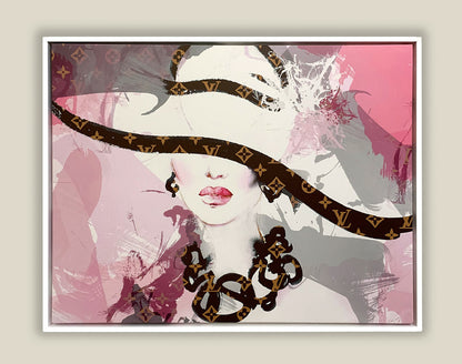 Hi Fashion Pink Portrait Canvas Wall Art | Wide-Brimmed Hat | 47 × 35 inches