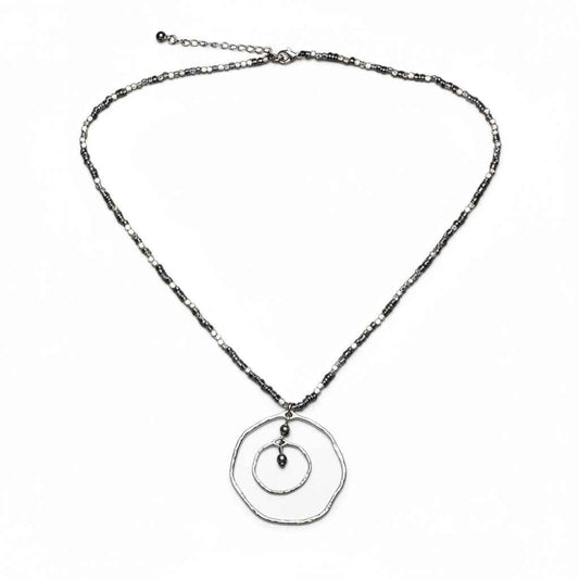 Beaten Double Ring Necklace In Silver Plate