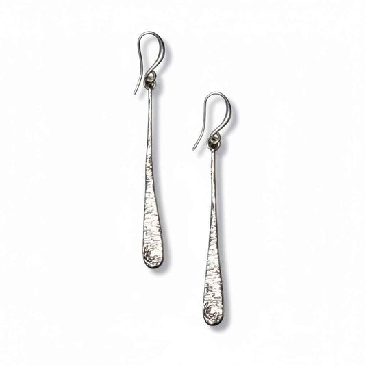 Beaten Long Tear Drop Earring - Silver Plate