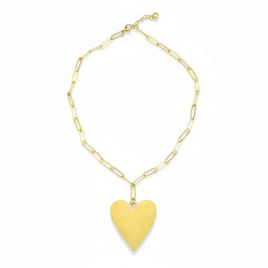 Short Chainlink Heart Pendant Necklace - Gold Stainless Steel
