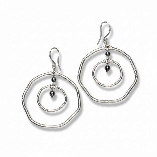 Beaten Double Ring Earrings In Silver Plate