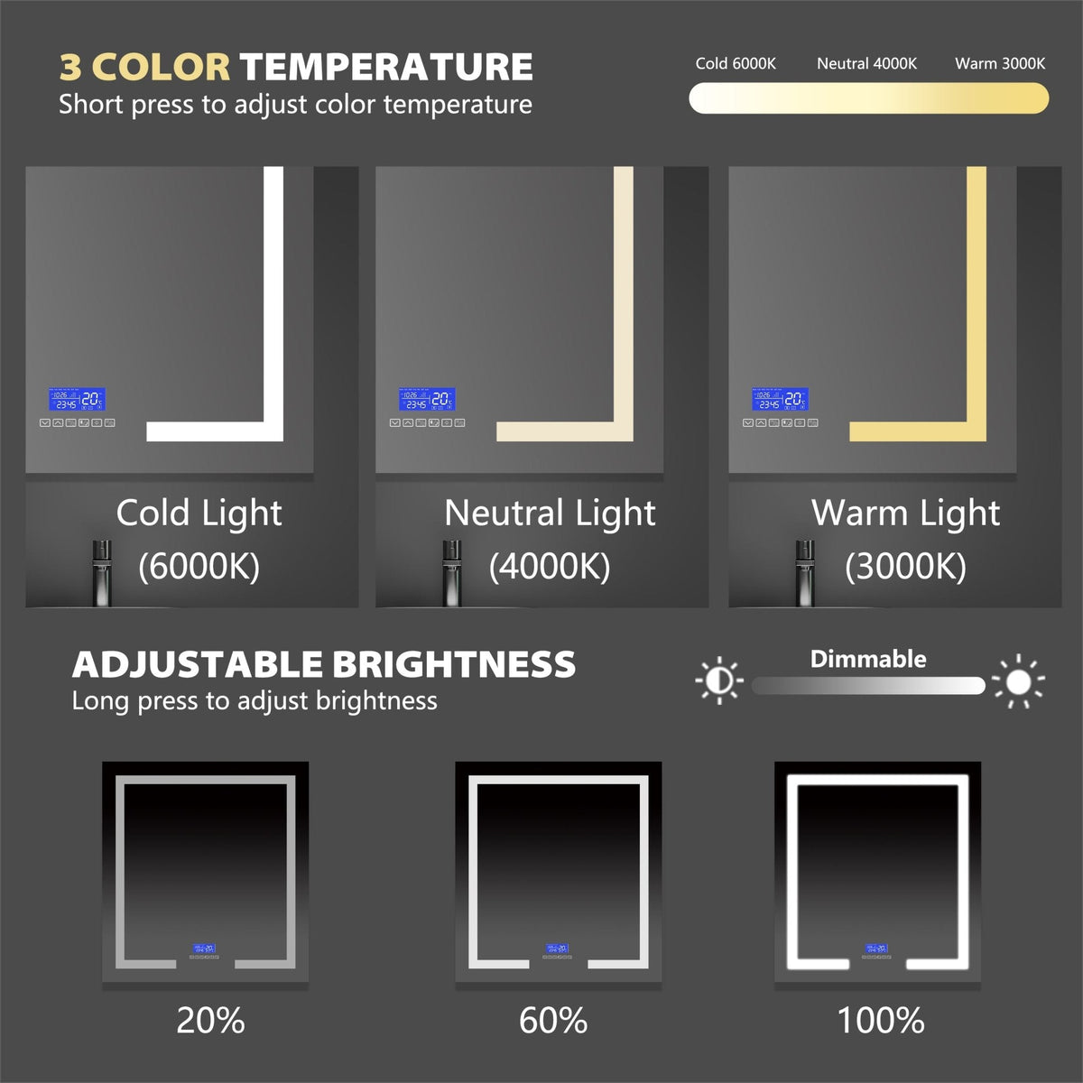 30" / 36" LED Bathroom Mirror with Bluetooth Speaker & Clock, Anti-Fog